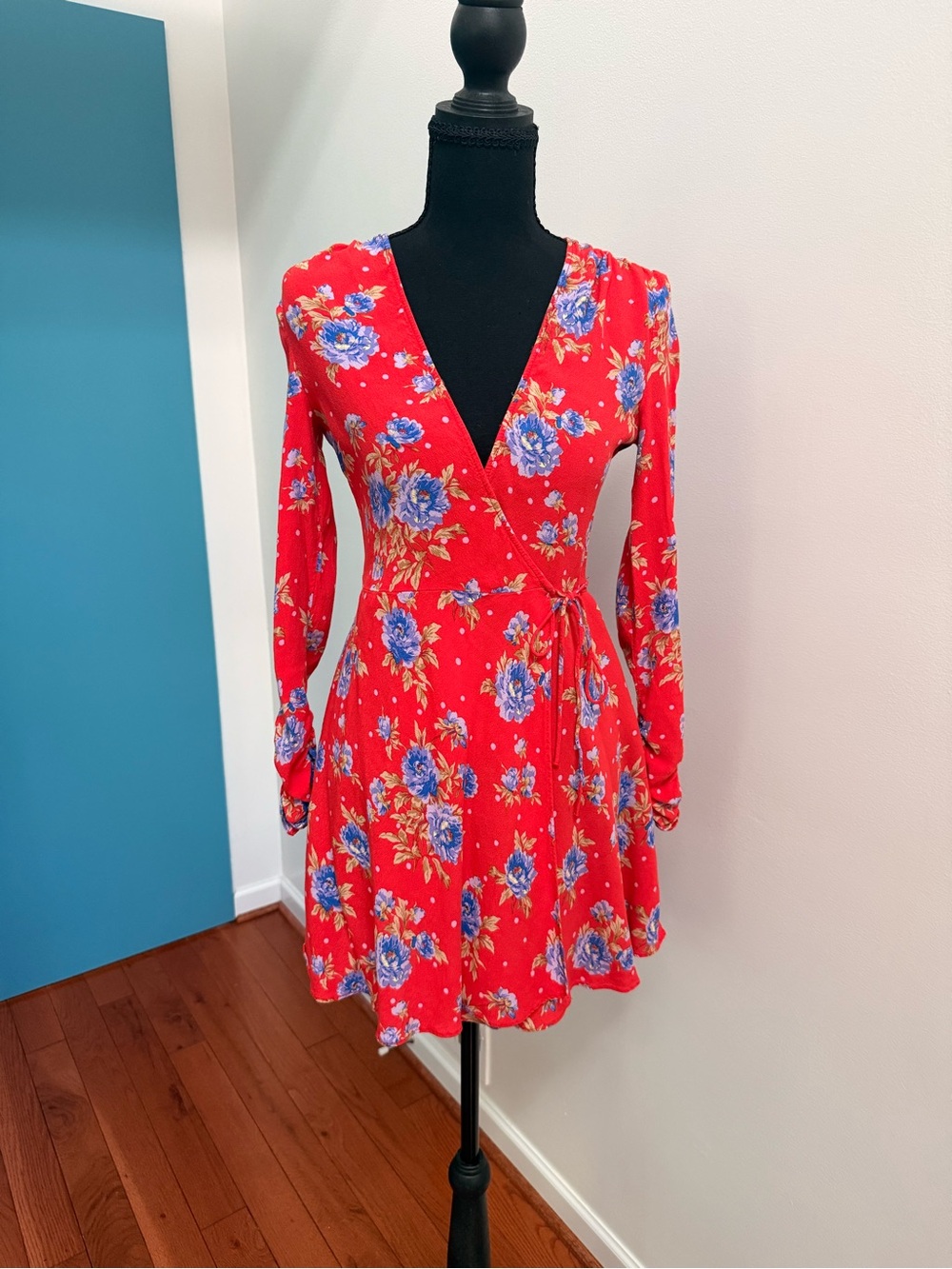 NWOT Zara Red Wrap Dress with Blue Floral Print